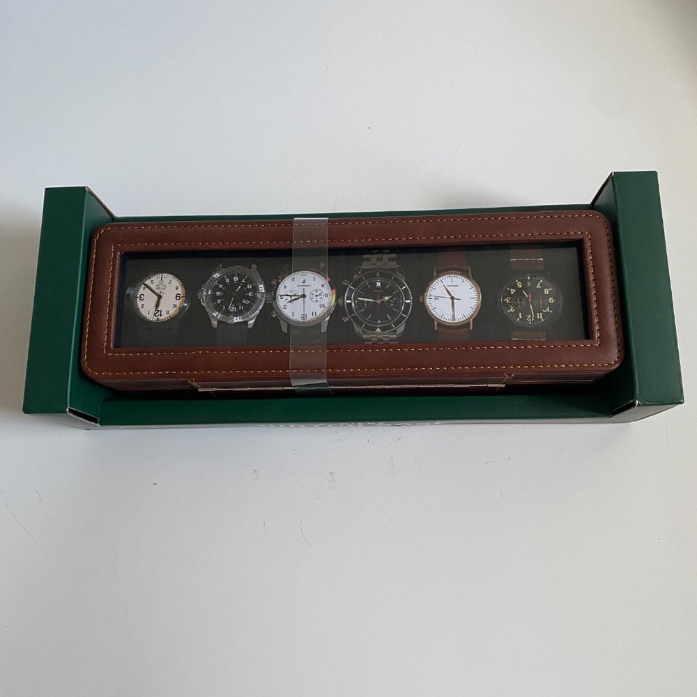 NEW Woodburry Men’s Six Slot 6 Piece Brown Faux Leather Watch Case Holder Box